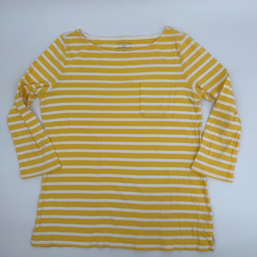 Talbots Tee Stretch Weekend Women PM Yellow White Striped Boatneck Top